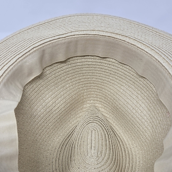 H&M NATURAL PAPER STRAW CREAM FEDORA DUSTY ROSE PINK RIBBON BAND WOMEN LARGE 58 - Picture 9 of 12